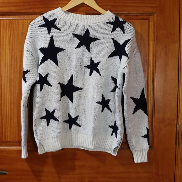 Marled Black White Crew Neck Star Sweater Medium Knit Pullover Casual Stylish - Picture 3 of 13